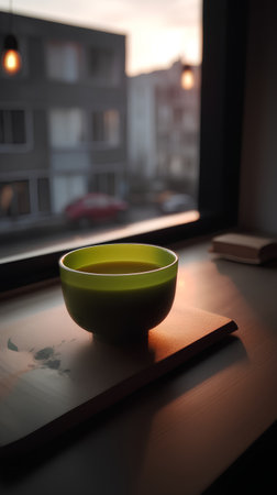 A cup of green tea on the windowsill in the morning.の素材
