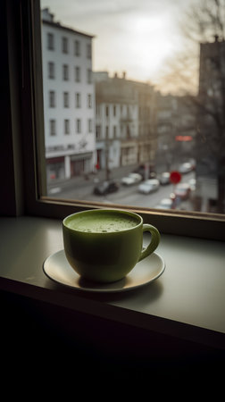 Cup of green matcha latte on the windowsill.の素材