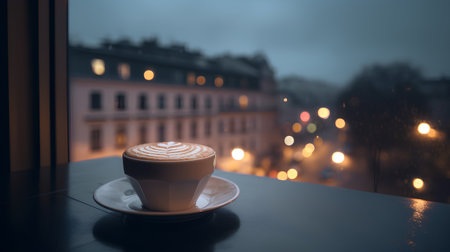 Cup of cappuccino with latte art on the background of the city at nightの素材
