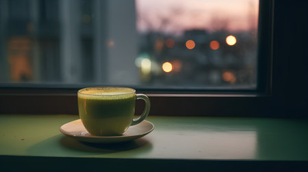 A cup of green matcha latte coffee on the table in front of the window.の素材