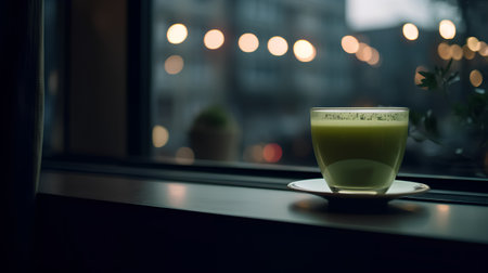 A cup of matcha latte on the table in cafe.の素材