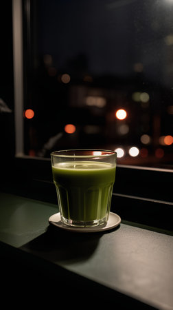 Green matcha latte in a glass on the background of the night cityの素材