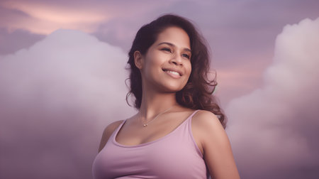 Portrait of beautiful young asian woman in pink top over cloudy sky backgroundの素材