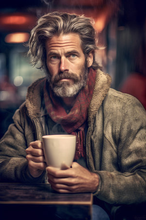 Handsome middle aged man drinking coffee in a pub in winterの素材