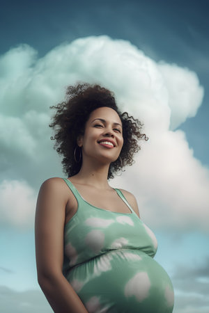 Portrait of beautiful african american pregnant woman with curly hair against cloudy skyの素材