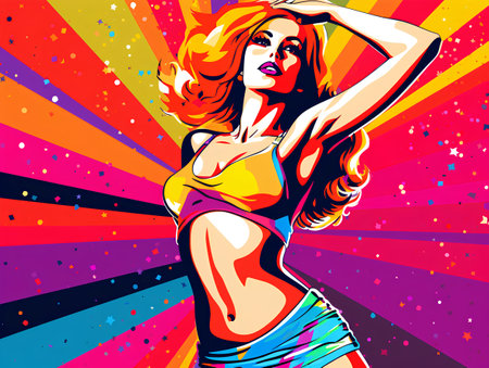 Beautiful girl in bikini on colorful background. Pop art retro vector illustration.の素材