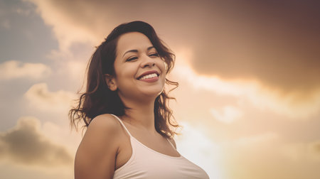 Portrait of a beautiful young woman smiling against a cloudy sky backgroundの素材