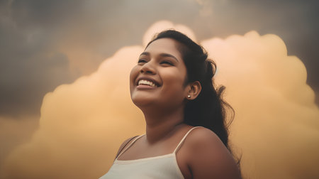 Portrait of a beautiful young asian woman smiling and looking at the skyの素材