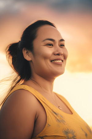 Portrait of a beautiful asian woman smiling on the beach at sunsetの素材