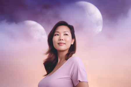Beautiful asian woman with full moon and purple sky background.の素材