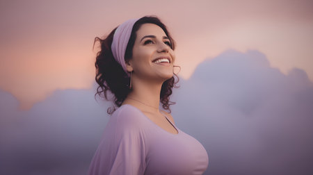 Portrait of a beautiful smiling woman in a pink dress on the background of the skyの素材