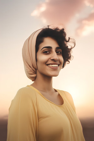 Portrait of a smiling young woman in a turban and a yellow T-shirtの素材