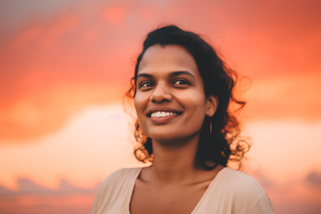 Portrait of beautiful smiling young woman on the beach at sunset.の素材