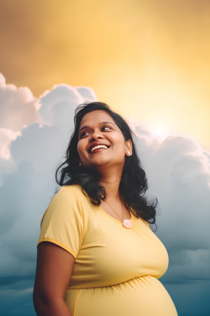 Portrait of a beautiful pregnant woman on the background of the skyの素材