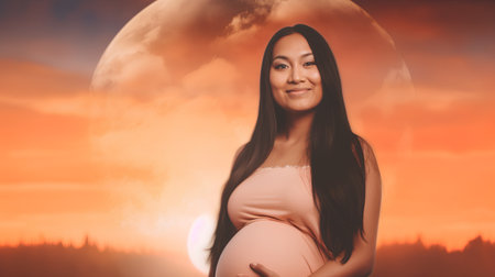 Pregnant woman on sunset background. Beautiful asian woman.の素材