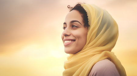 Beautiful young muslim woman with headscarf smiling at sunsetの素材