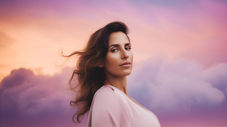 Portrait of beautiful young woman on sunset sky background. Beauty, fashion.の素材