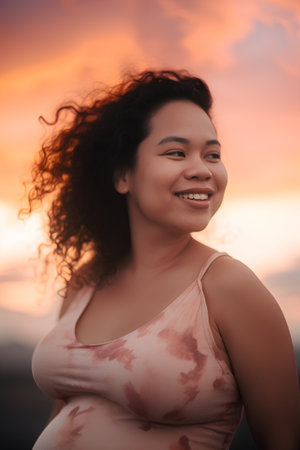 Portrait of a beautiful asian woman smiling and looking at camera at sunsetの素材