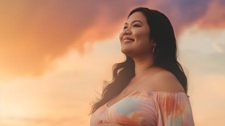 Beautiful asian woman smiling and looking to the sky at sunsetの素材