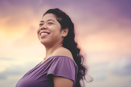 Portrait of happy Asian woman smiling and looking up with sky backgroundの素材