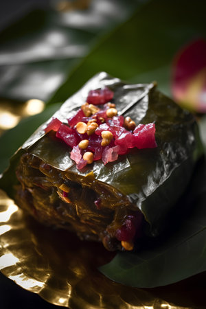 Thai dessert made from glutinous rice, wrapped in banana leafの素材