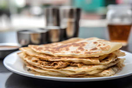 Stack of pancakes on a white plate with a cup of coffee in the backgroundの素材