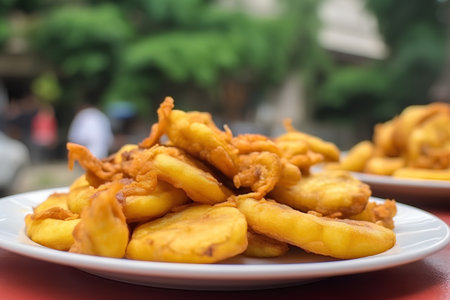 Fried potatoes on the table in the restaurant. Selective focus.の素材