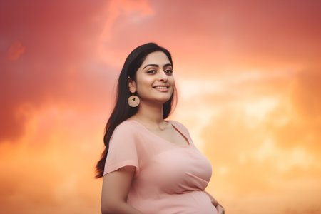 Portrait of a beautiful pregnant woman on a background of the skyの素材