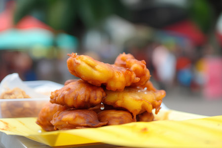 Deep fried dough stick on yellow plate with blurred background, Thai street foodの素材