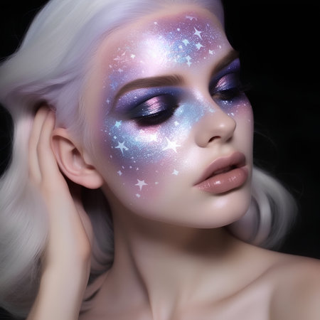 Beautiful woman with fantasy make-up and sparkles on her faceの素材
