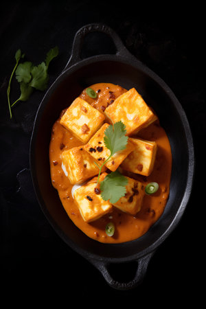 Paneer Butter Masala or Cheese Cottage Curry served in a cast iron panの素材