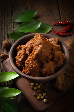 Pork curry in a bowl on wooden background, selective focus.の素材