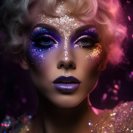 Portrait of a beautiful woman with bright make-up and sparkles on her faceの素材