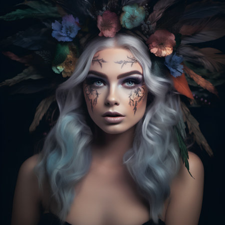 Beautiful girl with fantasy make-up and floral wreath on her headの素材
