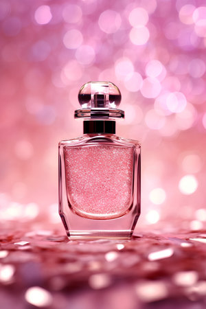 Perfume bottle on pink glitter background with bokeh effectの素材
