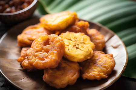 Fried bananas in a plate on a wooden background. Selective focus.の素材