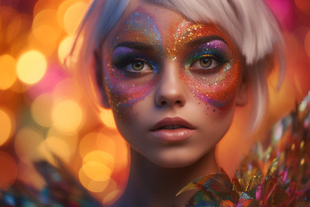 Portrait of a beautiful girl with bright make-up and sparklesの素材