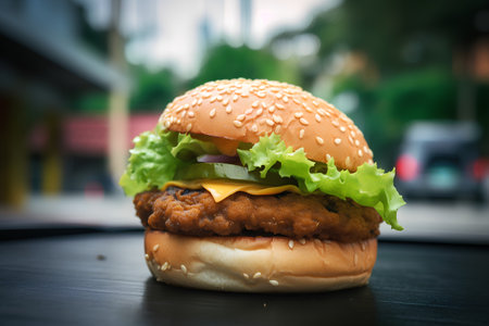 Hamburger with cheese, lettuce and tomato on a black backgroundの素材