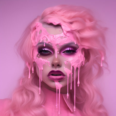 Portrait of a beautiful girl with pink makeup and pink hair. Beauty, fashion.の素材