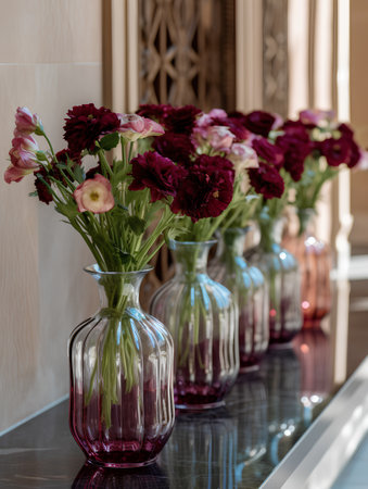 Beautiful bouquet of red carnation flowers in glass vases on the table.の素材