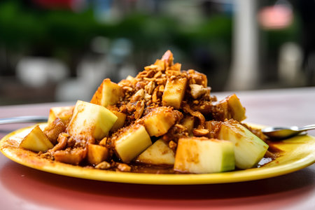 Fried pork with apple and caramelized onions on a plate.の素材