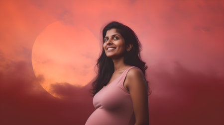 Beautiful pregnant woman in pink dress on a background of the moonの素材