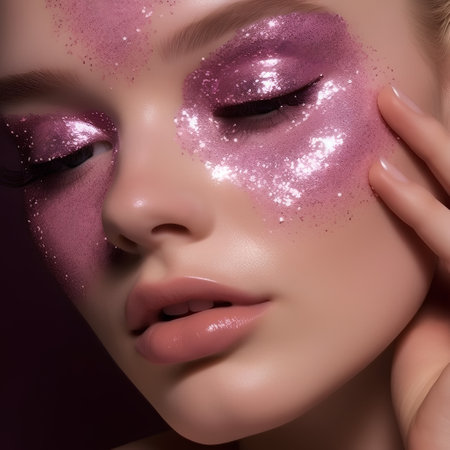 Beautiful girl with pink glitter makeup and sparkles on her faceの素材