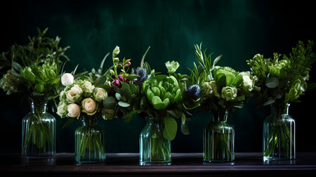Beautiful bouquet of flowers in vases on a dark backgroundの素材
