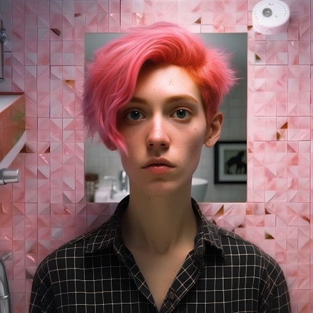 Portrait of a young woman with pink hair in the bathroom.の素材