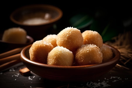indian sweet dumplings with coconut and sugar on wooden tableの素材