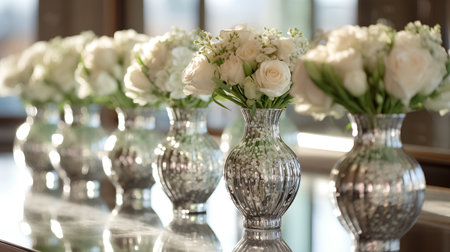 Beautiful bouquet of white roses in vases on the tableの素材