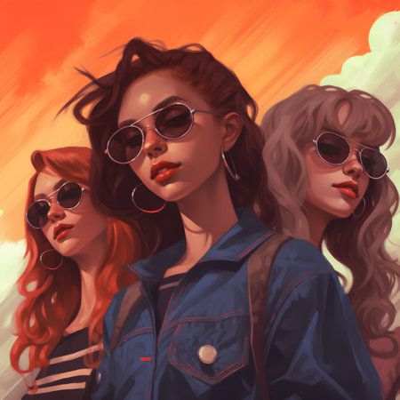 Fashion portrait of beautiful young women in sunglasses. Retro style.の素材