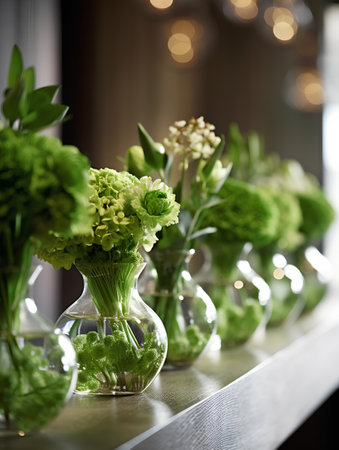 Beautiful bouquet of green flowers in vases on the tableの素材