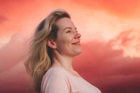 Portrait of a beautiful woman on a background of sky with cloudsの素材